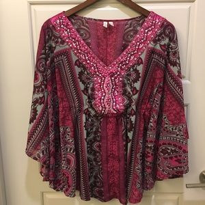Madison Pink Paisley Print V Neck Beaded Blouse S